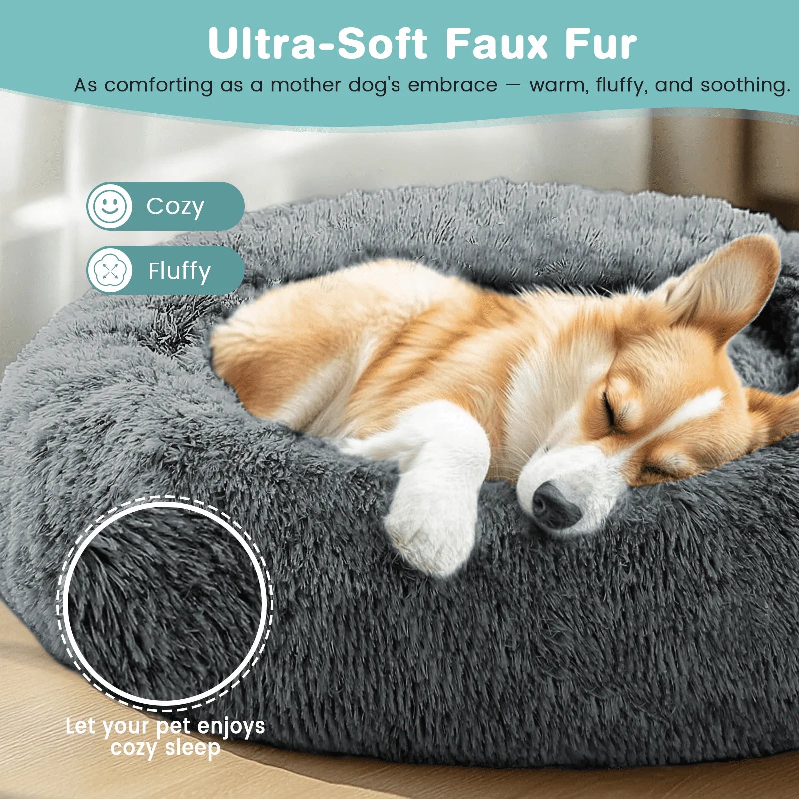 24 Inch Calming Donut Dog Bed for Small Dogs, Anti-Anxiety Cozy Soft round Pet Bed, Fluffy Washable Dog Bed for Small Medium Dogs and Cats