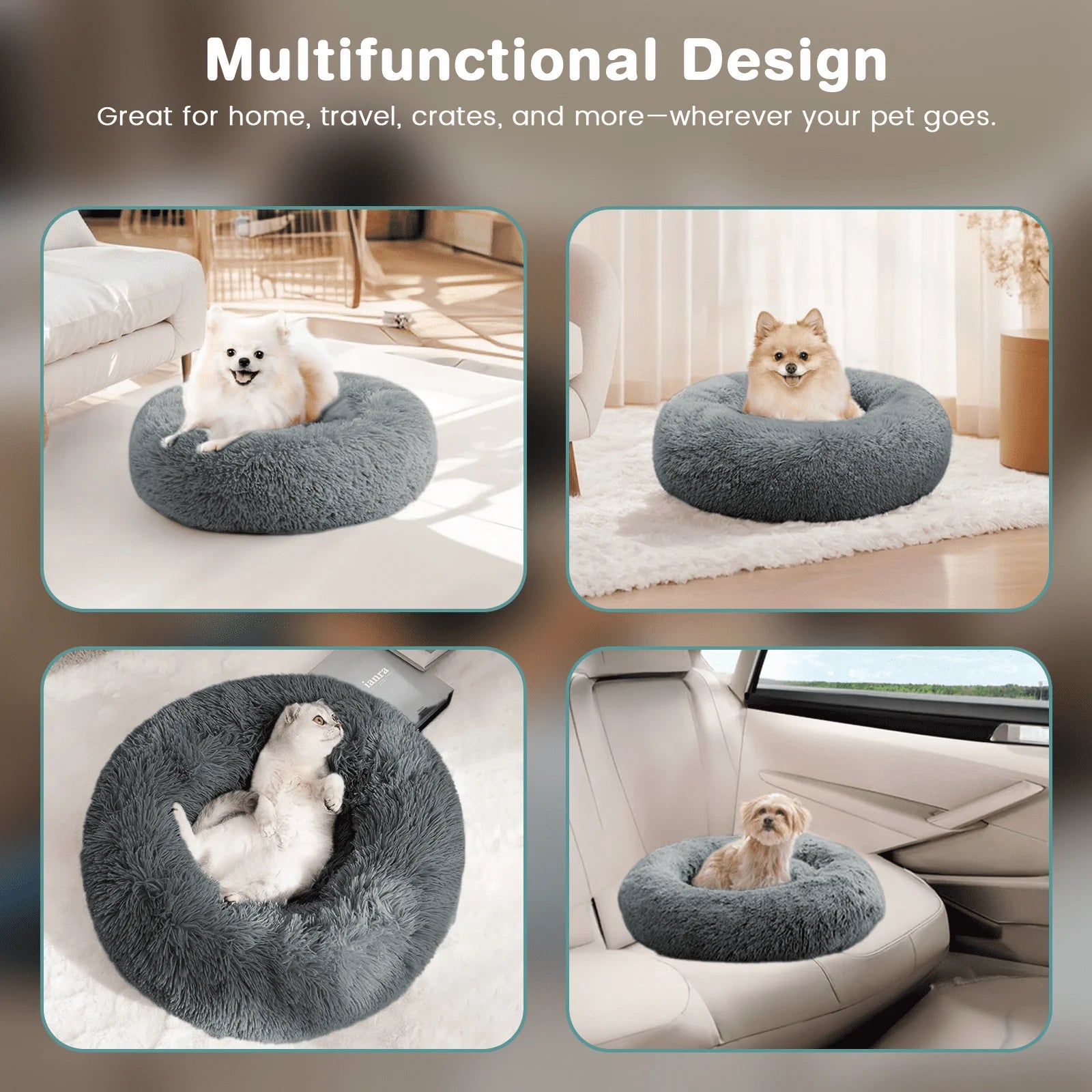 24 Inch Calming Donut Dog Bed for Small Dogs, Anti-Anxiety Cozy Soft round Pet Bed, Fluffy Washable Dog Bed for Small Medium Dogs and Cats